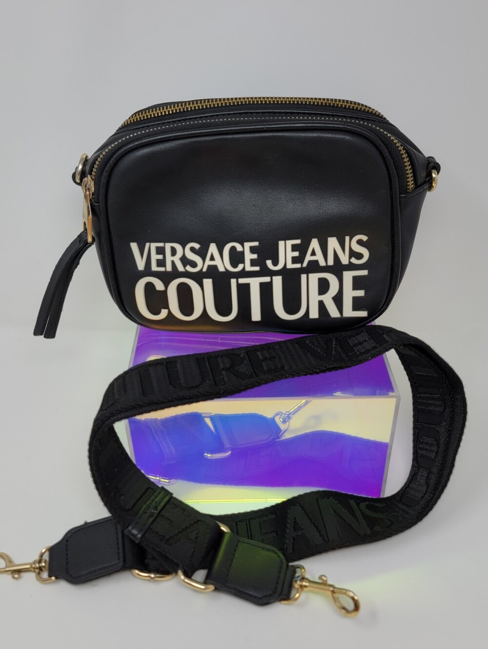 EUC Versace Jeans Couture Black Logo Crossbody Bag Camera Style Branded Strap